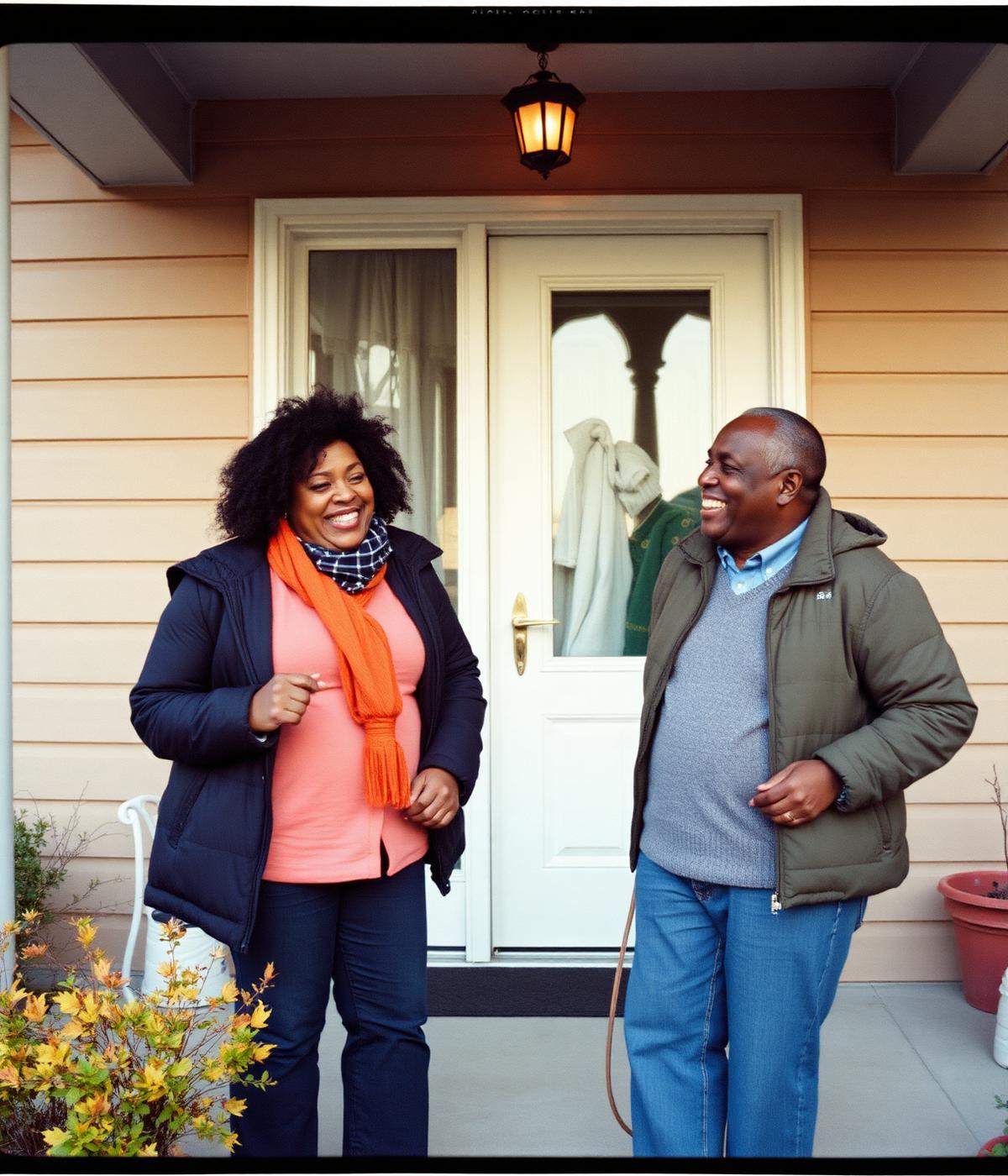 Two neighbours of different backgrounds laughing together on a front porch