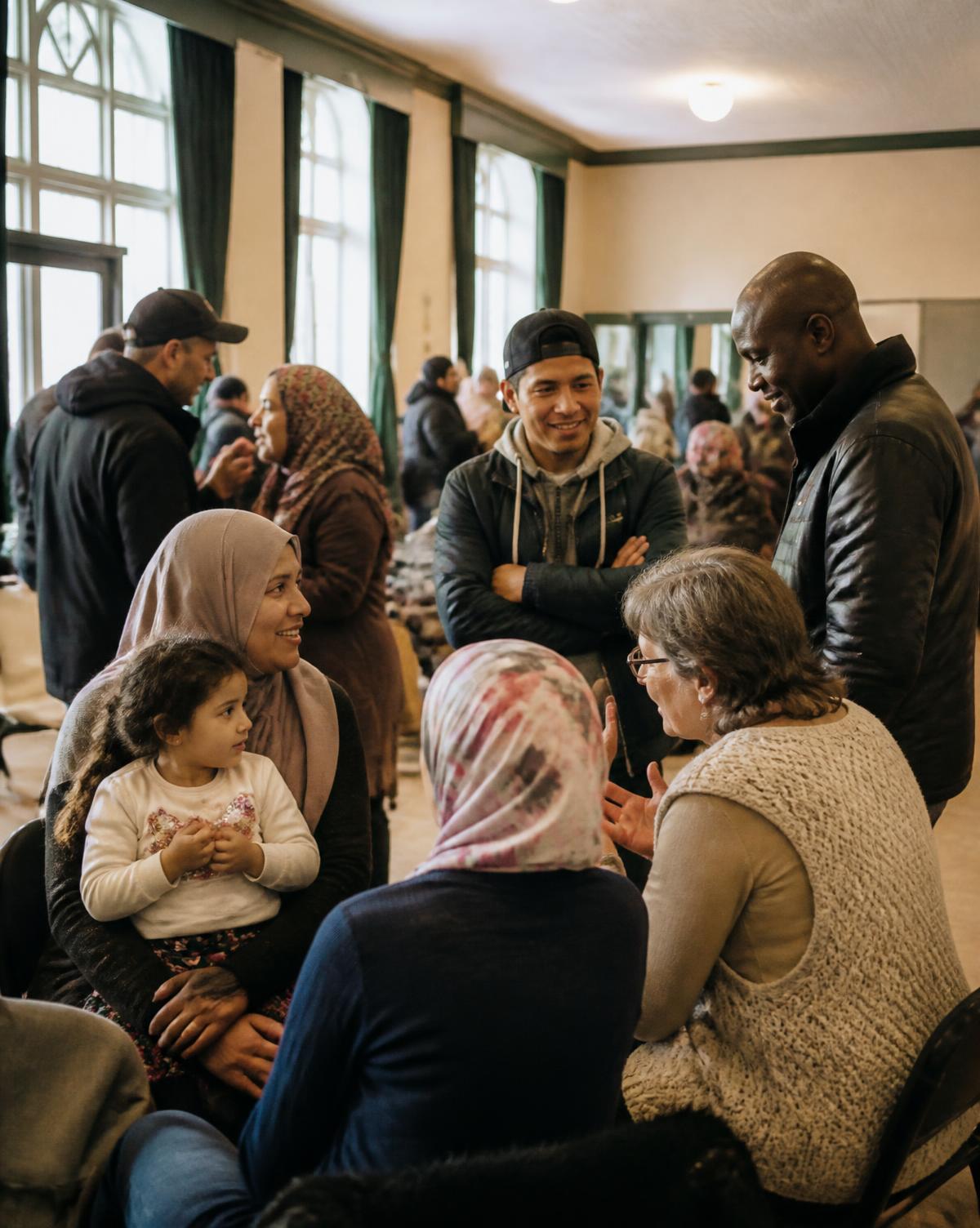 Newcomer families and volunteers talking together in a community hall