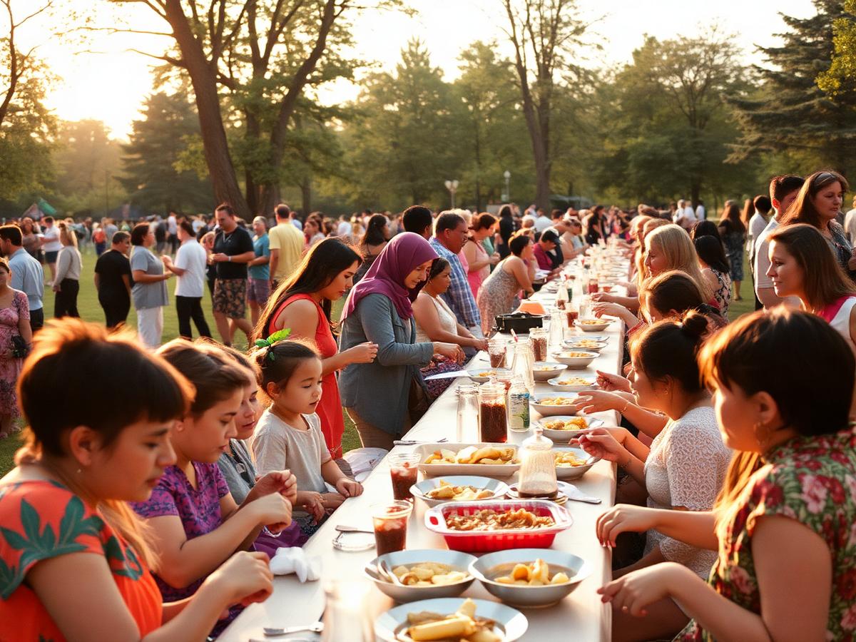 Families sharing food together at an outdoor multicultural community festival