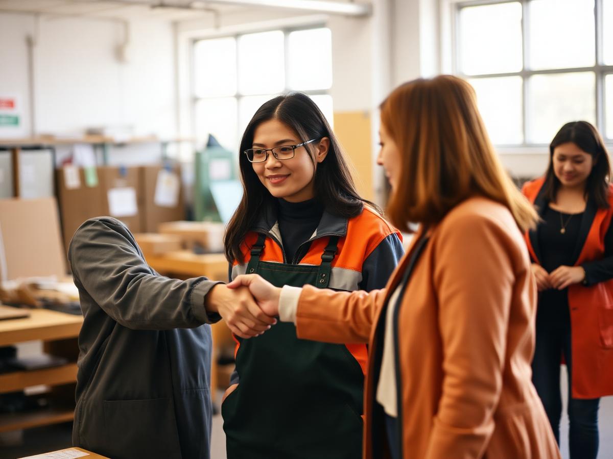 A newcomer greeting a mentor at a job skills workshop