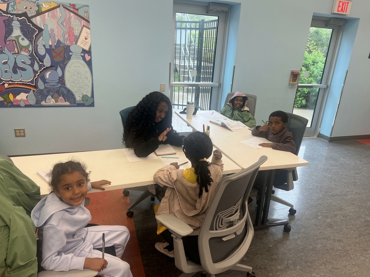 Adult learners in an English language class in a community centre