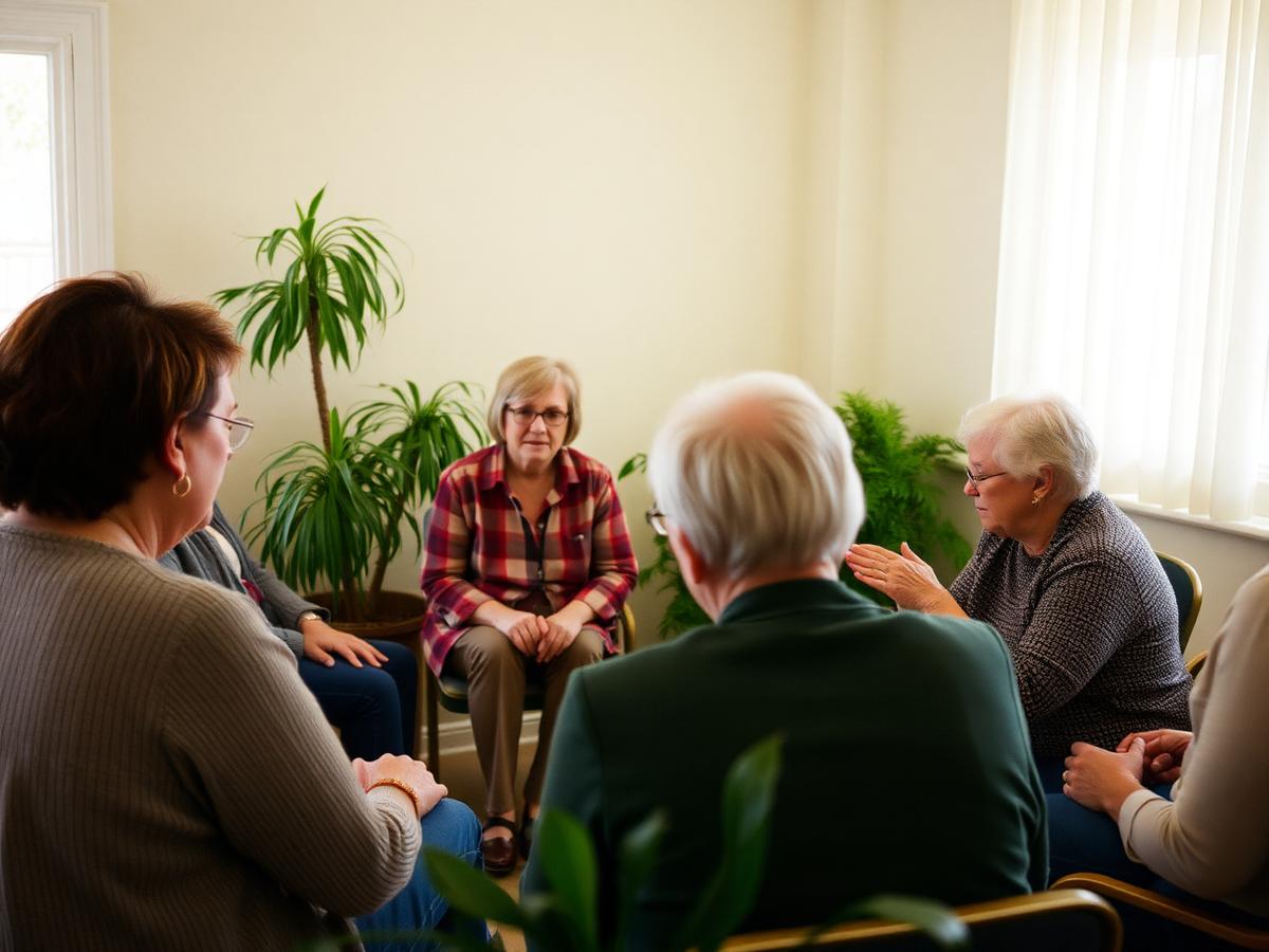 A small, quiet support group sitting in a circle in a warm room